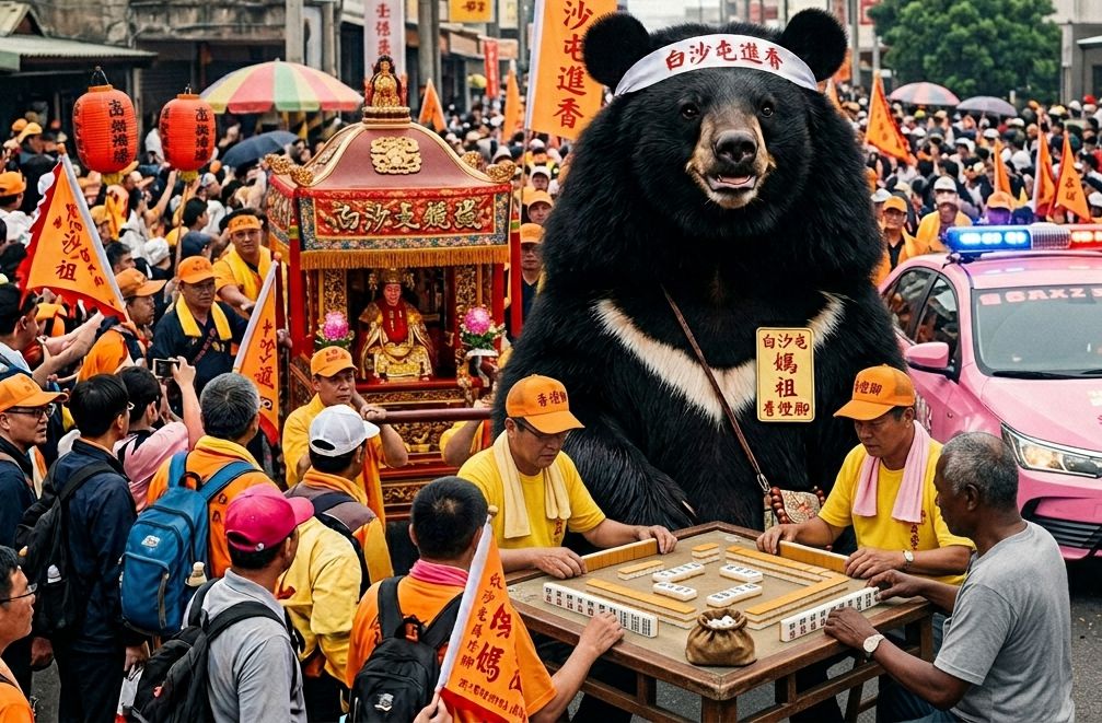 香燈腳黑熊,進香黑熊,媽祖繞境打麻將,白沙屯黑熊繞境,熊掌摸牌,黑熊麻將,黑熊粉紅超跑,台灣熊愛打麻將,麻將馬拉松,白沙屯打麻將,香燈腳開桌打麻將,黑熊白沙屯健走